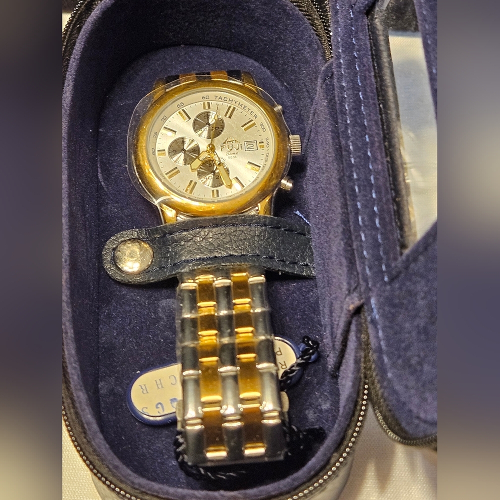 Fuji Designer Timepiece Men's Stainless Steel Plated in 18K 2 Tone Gold Watch - Picture 7 of 9